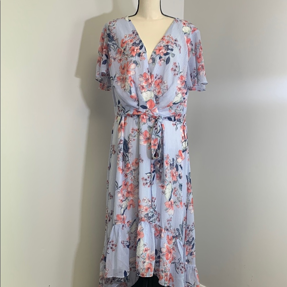 NWT R&K Size 20W Floral High Low Wrap Dress Blue Coral Plus Size Wedding Guest